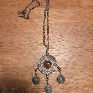 Antique Bedouin Necklace With Carnelian Stone And Silver Charms